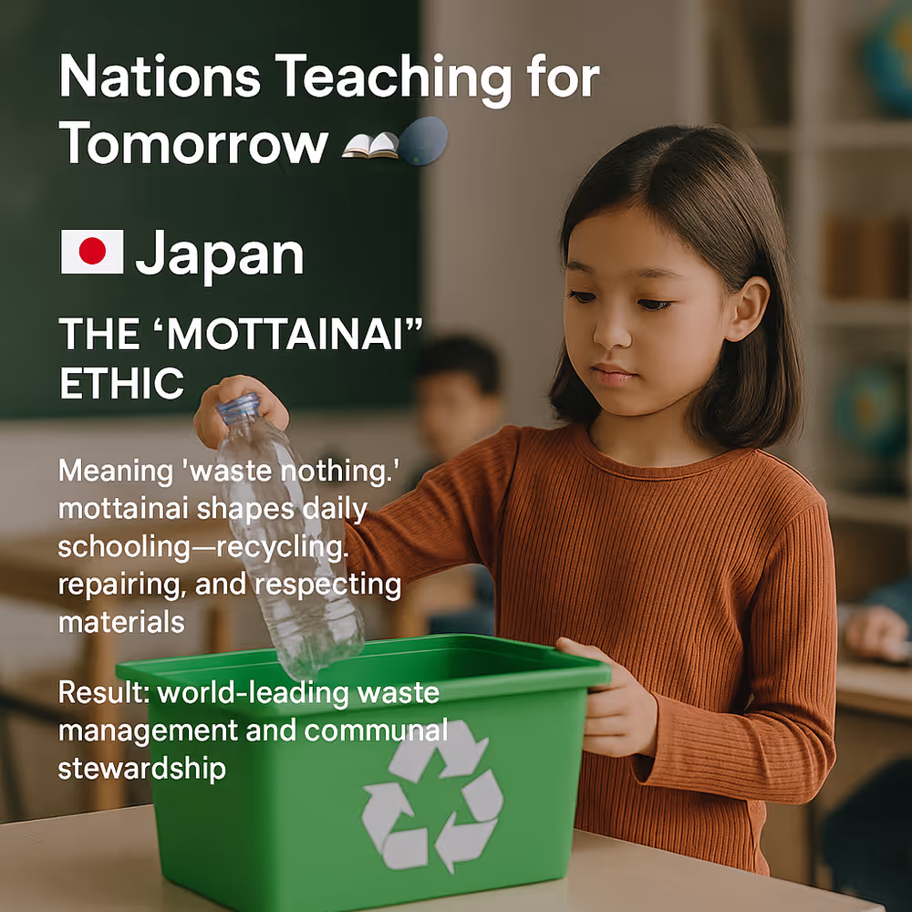 A photorealistic image of a Japanese elementary school student placing a plastic bottle into a green recycling bin marked with the universal recycling symbol. She stands in a bright, orderly classroom with wooden desks, a chalkboard, and other children in the background.
