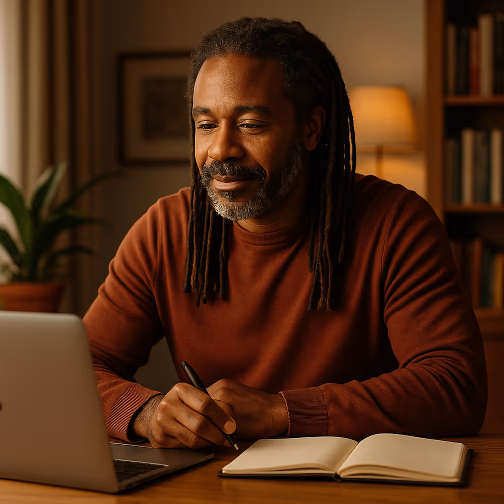 Middle-aged African man writing notes at a laptop in a cozy home office, symbolizing email as a trusted marketing channel.