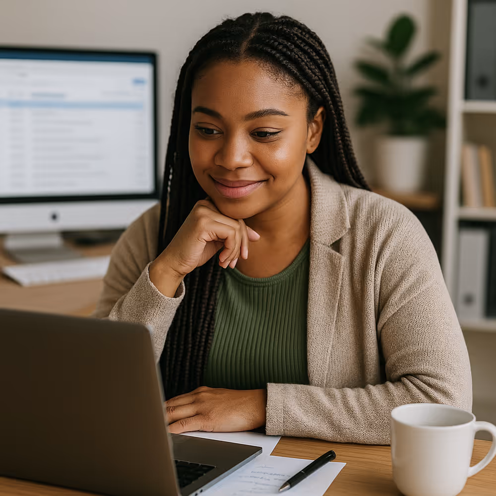 African woman smiling at laptop while working, illustrating authentic email personalization in practice.