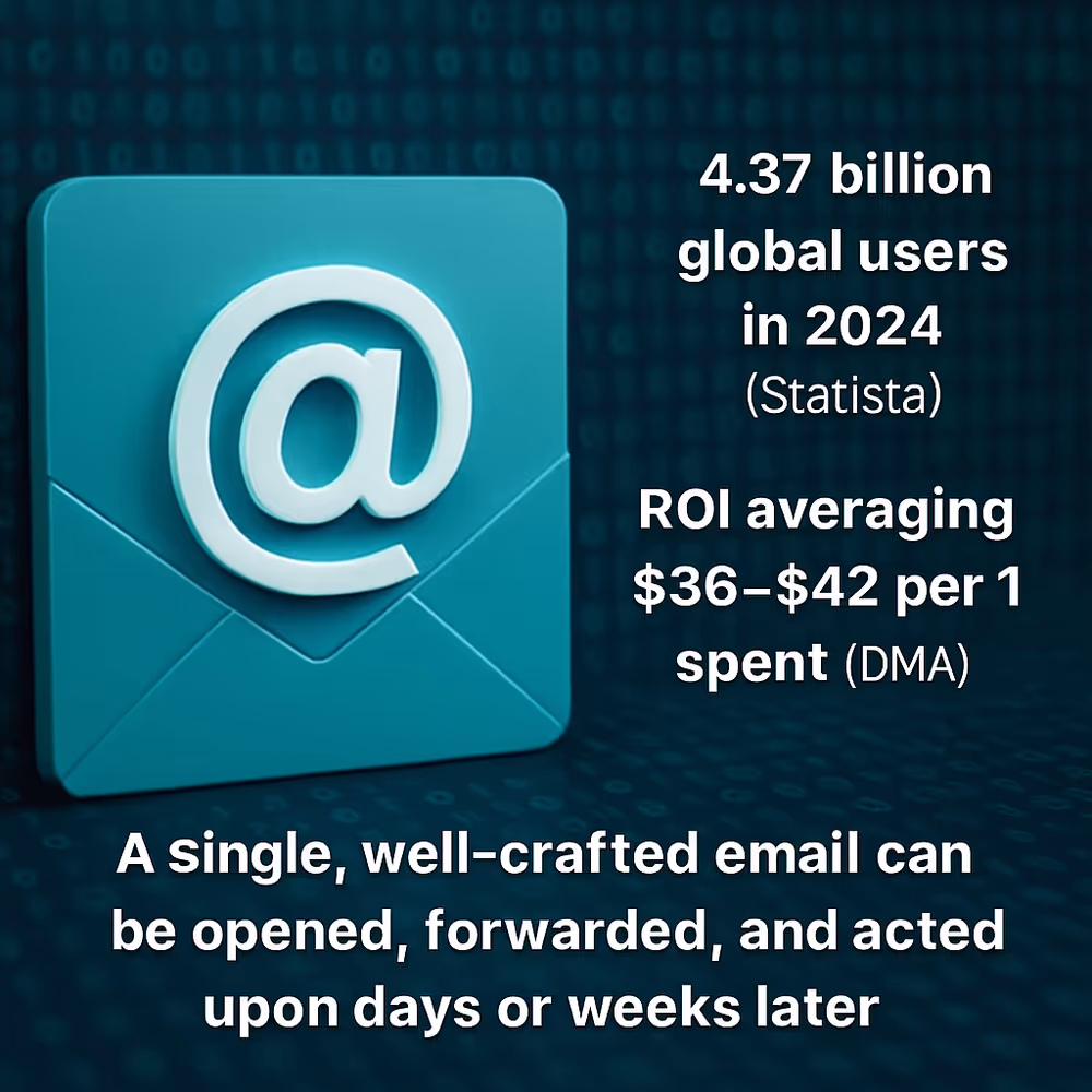 Infographic showing global email user growth, ROI per dollar, and engagement statistics.