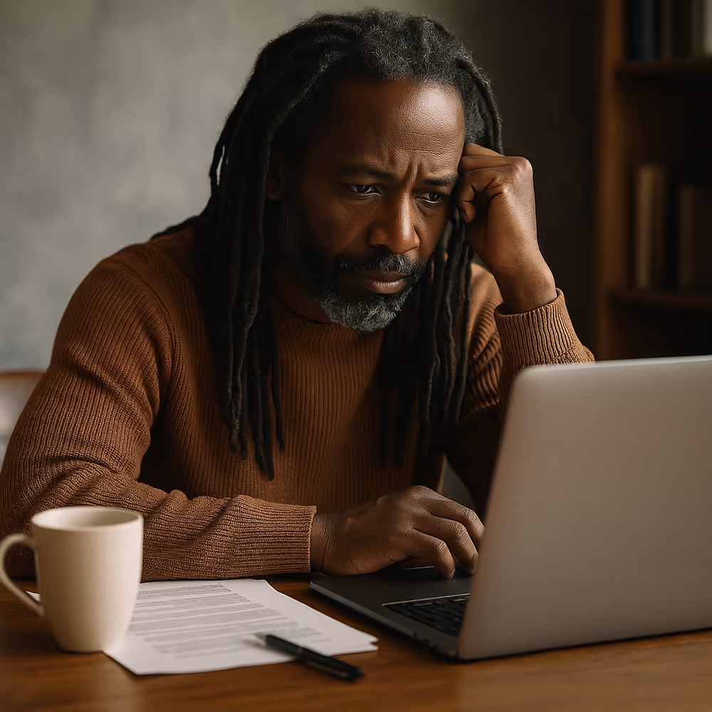 A middle-aged Black man with dreadlocks sitting at a desk, half in shadow and half in warm light, working on a laptop, symbolizing the emotional paradox of copywriting—both draining and fulfilling.