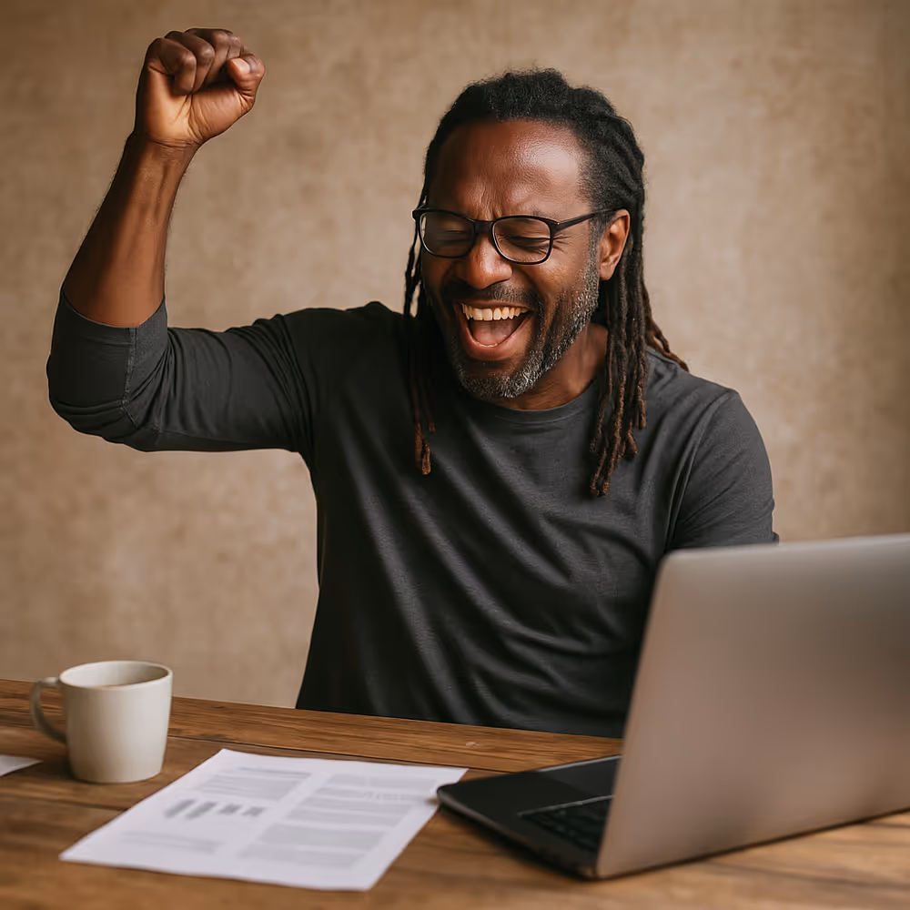 A middle-aged Black man with dreadlocks raising his fist in triumph while sitting at a desk with a laptop, coffee cup, and papers, symbolizing resilience, balance, and coping strategies in the emotional labor of copywriting.