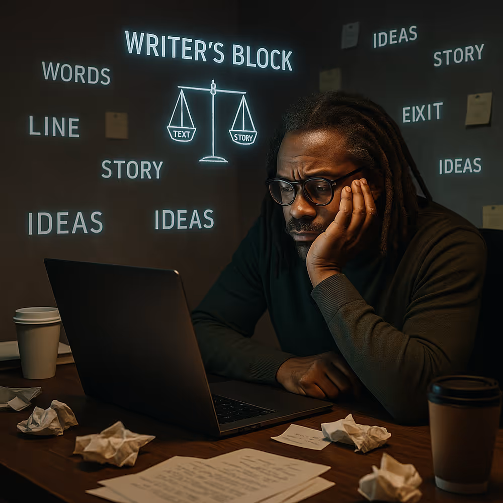 A middle-aged Black man with dreadlocks, glasses, and a graying beard sitting at a cluttered desk, staring wearily at his laptop with crumpled papers and coffee cups around him, symbolizing the emotional toll of copywriting and writer’s block.