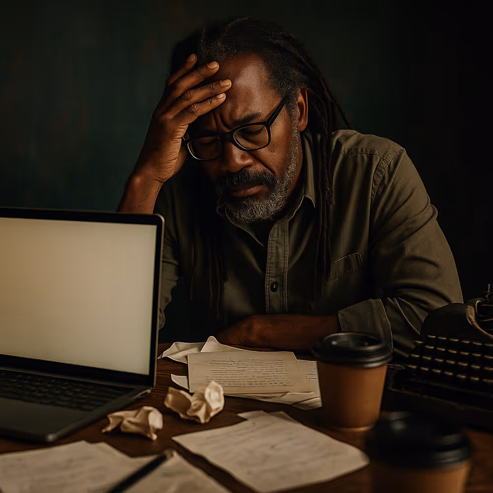 A middle-aged Black man with dreadlocks, glasses, and a graying beard sitting at a cluttered desk,holding his head with an arm,  with crumpled papers and coffee cups around him, symbolizing the emotional toll of copywriting.