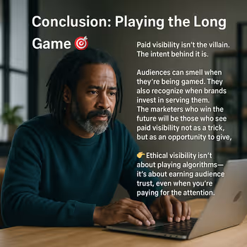 A Black male strategist working on a laptop surrounded by floating text, representing long-term thinking about paid visibility, content marketing, and audience trust.