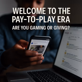 A digital marketer using a smartphone and laptop with paid ads, search results and analytics dashboards, illustrating the ethics of paid visibility and pay-to-play marketing.