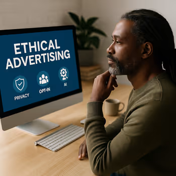 A middle-aged Black strategist with dreadlocks working at an iMac in a modern workspace, illustrating the future of ethical, privacy-first paid visibility in digital marketing.