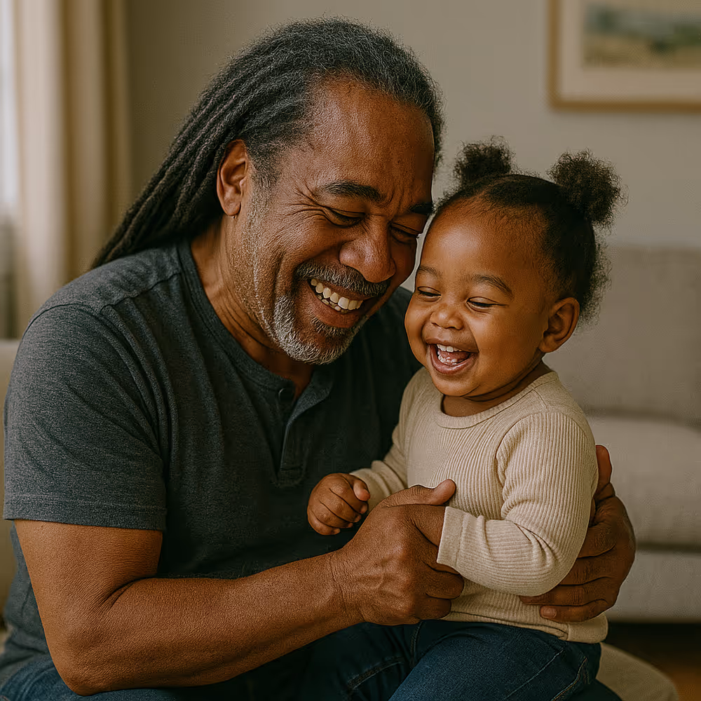 Smiling Black father with salt-and-pepper dreadlocks embracing his laughing toddler daughter in a softly lit living room, symbolizing love, resilience, and chosen fatherhood.