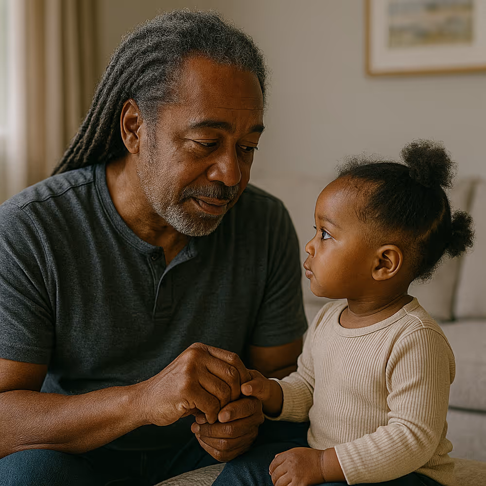 Middle-aged Black father with dreadlocks gently holding hands with his young daughter on a beige sofa, representing future conversations about life and mental health.