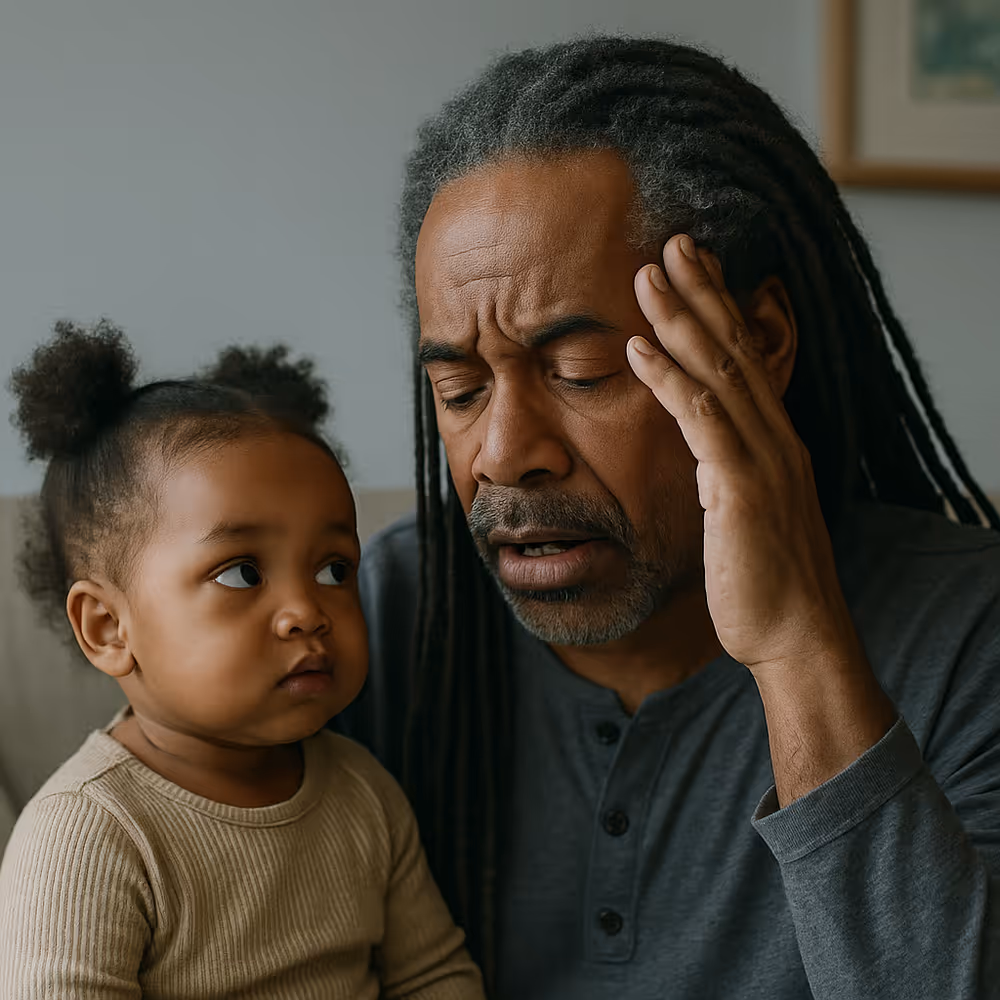 Black father with dreadlocks sitting beside his curious toddler daughter, hand on his temple in visible distress, capturing the emotional reality of parenting with schizophrenia.