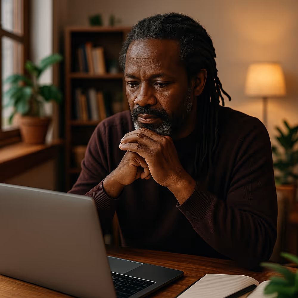 Black man with dreadlocks at a wooden desk, gazing at a laptop in a calm home office environment.