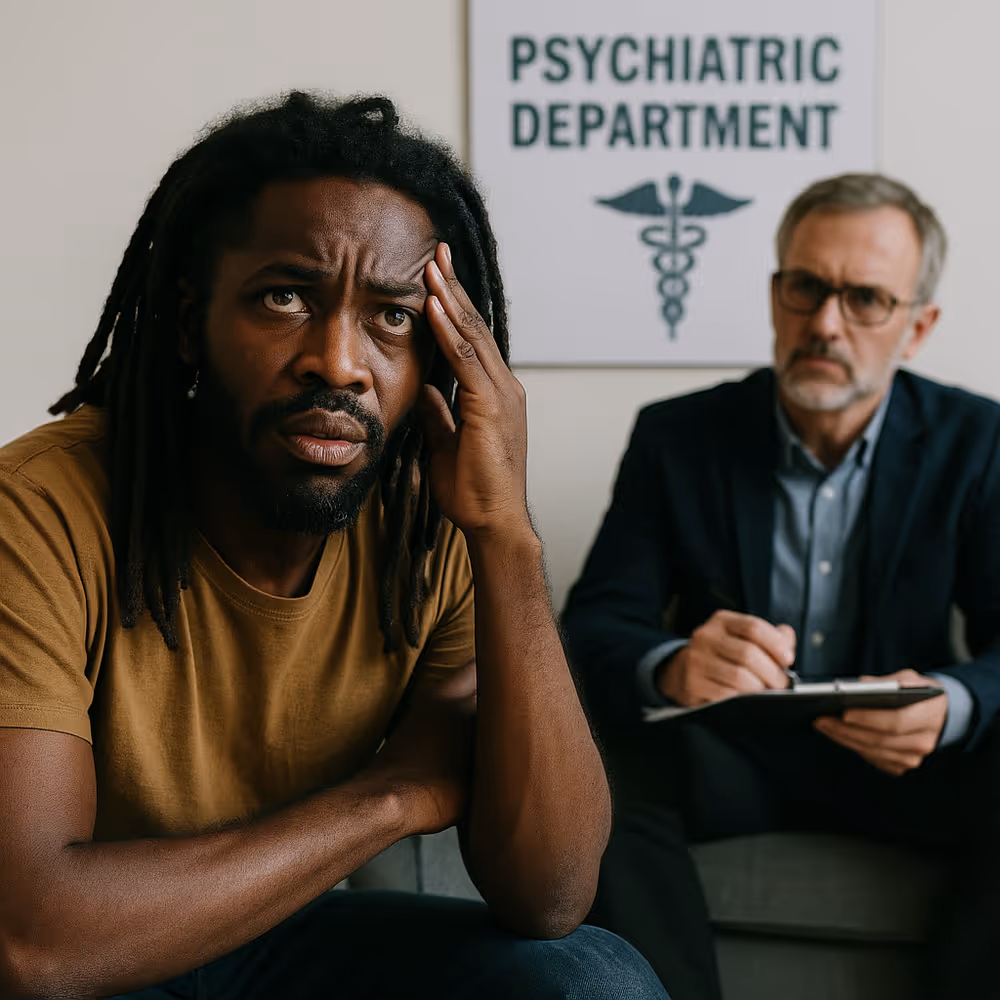 Young African man in a clinical mental health setting looking distressed, illustrating the onset of psychosis.