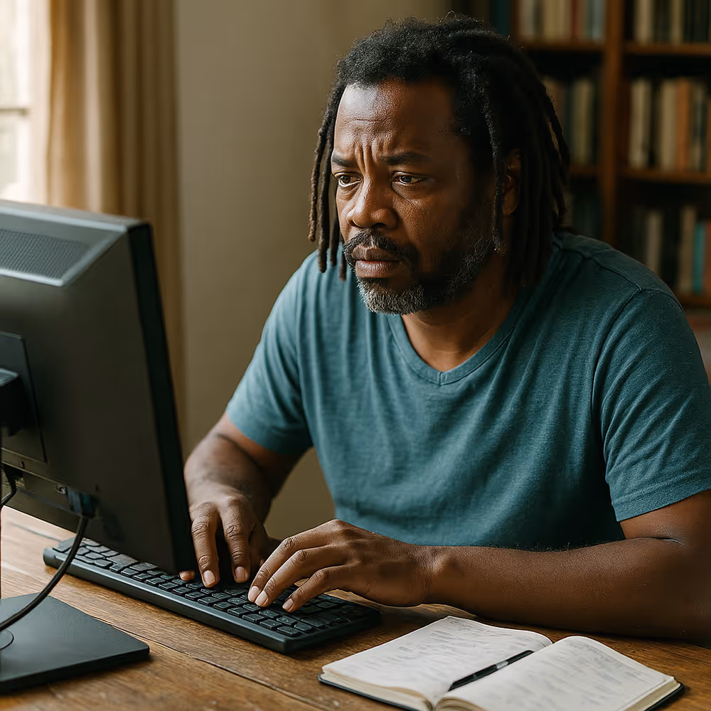 Middle-aged Black man with dreadlocks working at a home desk on coding and writing projects on a desktop computer.