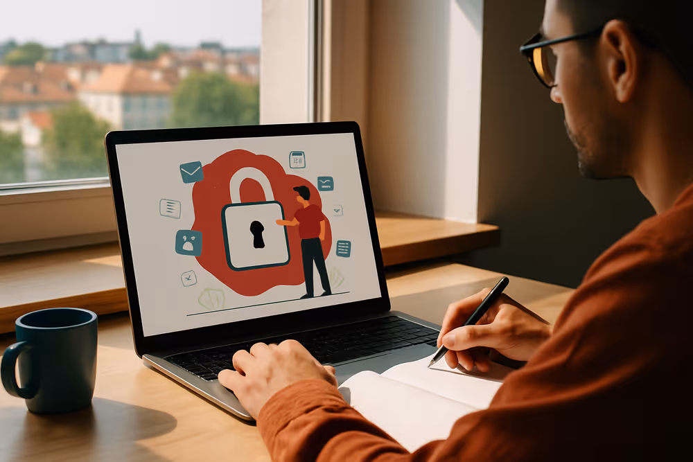 A focused freelance writer working on a laptop at a home office desk, writing in a notebook, with a coffee mug nearby.