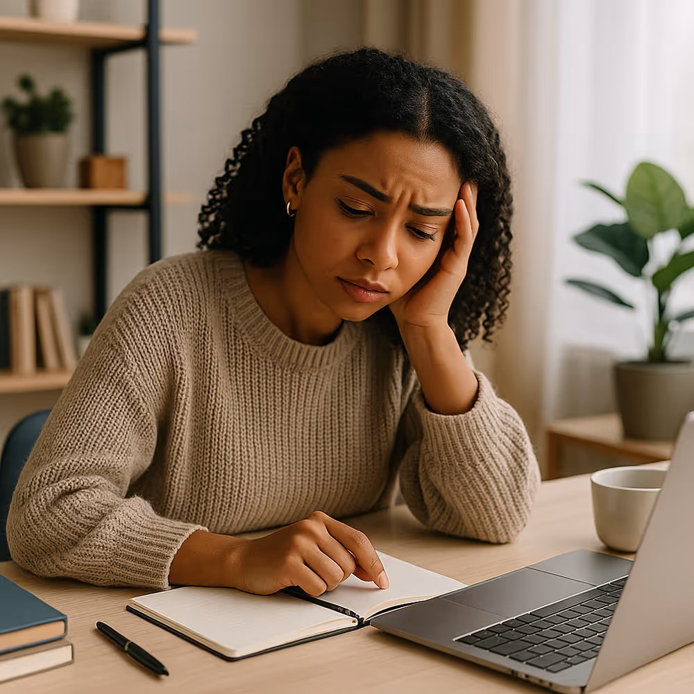 A frustrated female freelancer scrolling through a conflicting to-do list, symbolizing unclear timelines and client expectations.