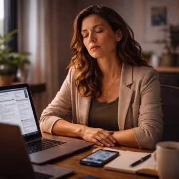 Burned-out professional resting quietly beside digital devices, symbolizing overstimulation and the need for calm writing.
