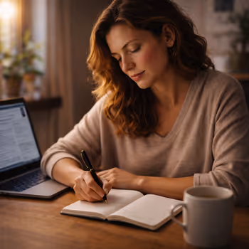 Writer working calmly in a minimalist space, representing intuitive and nervous-system-safe writing.