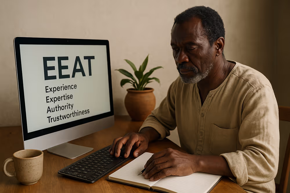 A high-resolution photo of a middle-aged African man in a beige traditional shirt working at a wooden desk, reviewing Google’s EEAT (Experience, Expertise, Authority, Trustworthiness) on an iMac. 
