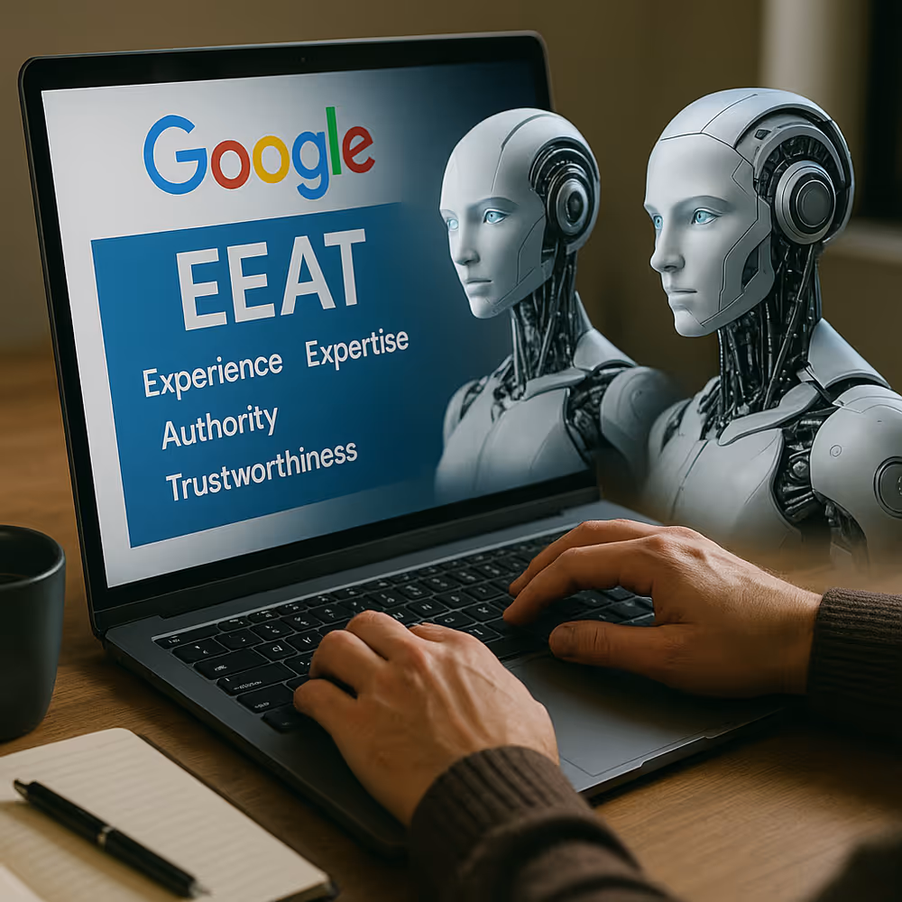 Human writer typing while a laptop shows Google EEAT pillars, illustrating human advantage over AI-only content.