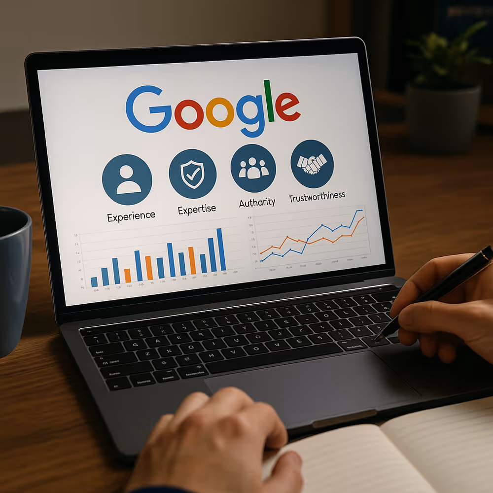 Google EEAT (Experience, Expertise, Authority, Trust) on a laptop screen with analytics charts, article header for 2025 guide.