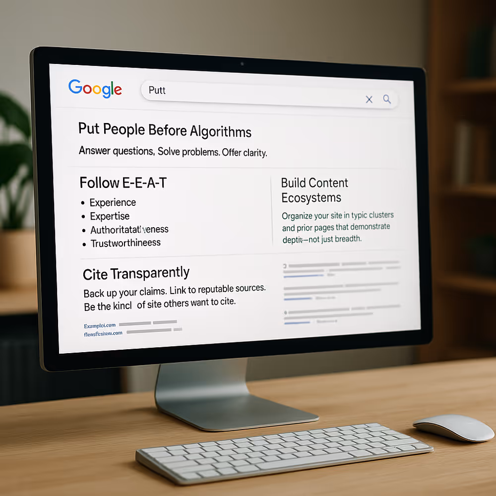 Clean, structured SERP on a modern screen representing ethical, long-term SEO practices.