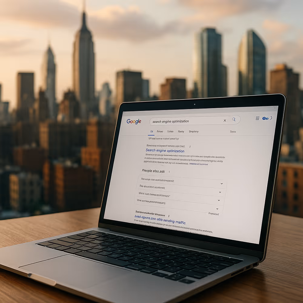 Google SERP glowing on a laptop placed by a window, showcasing a city's skyline , symbolizing high-value search real estate.