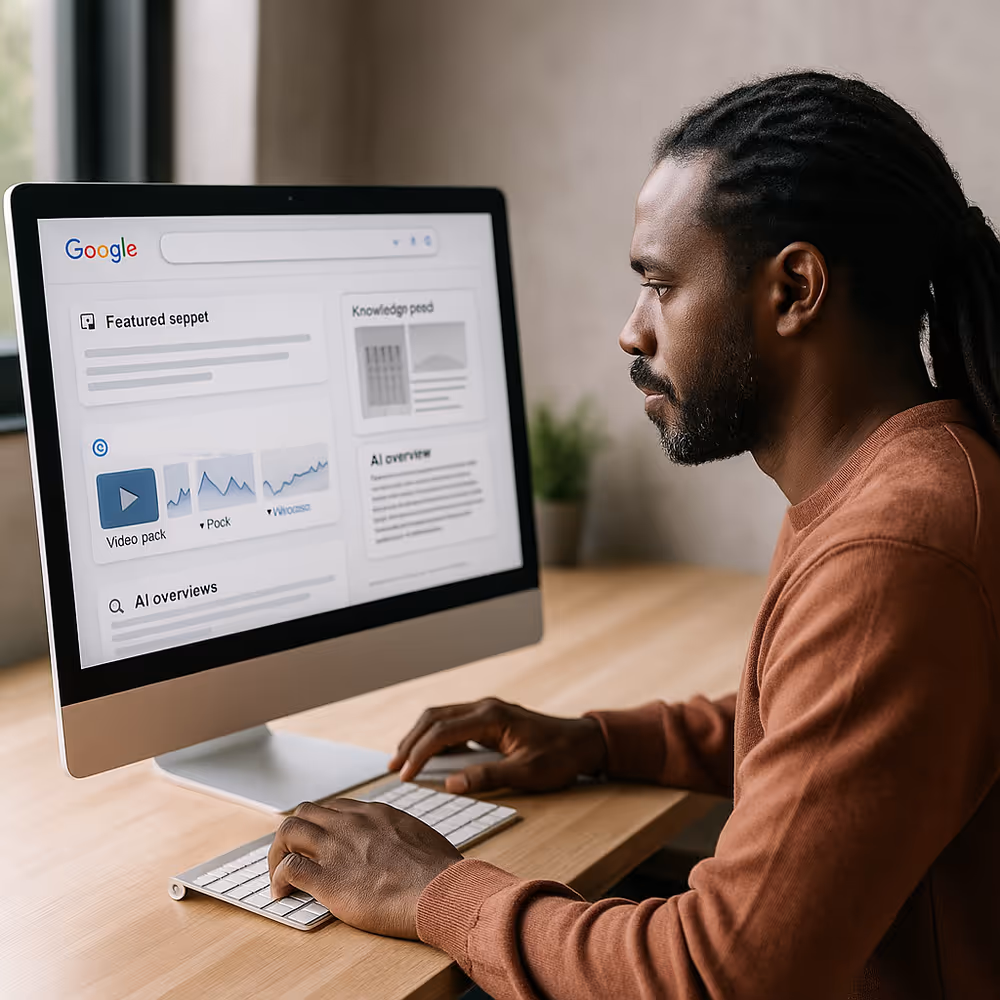 Digital marketer analyzing SERP features on a desktop dashboard to plan ethical optimization.
