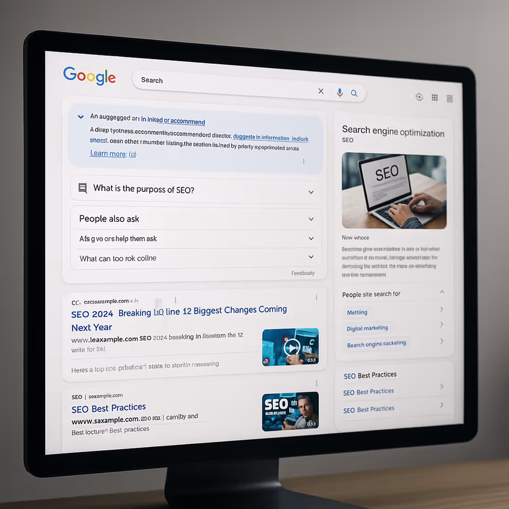 Dynamic Google results layout showing featured snippets, AI summaries, PAA, and carousels—illustrating SERP slots.