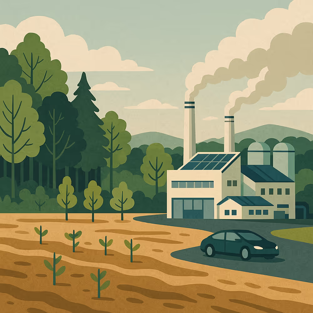 Tesla Gigafactory Berlin on a cleared forest plot—visualizing greenfield impacts on ecology and water.