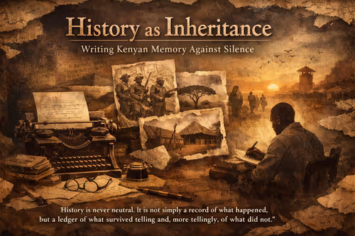 Kenyan writer surrounded by archival images and manuscripts, symbolizing history as inheritance and remembrance.
