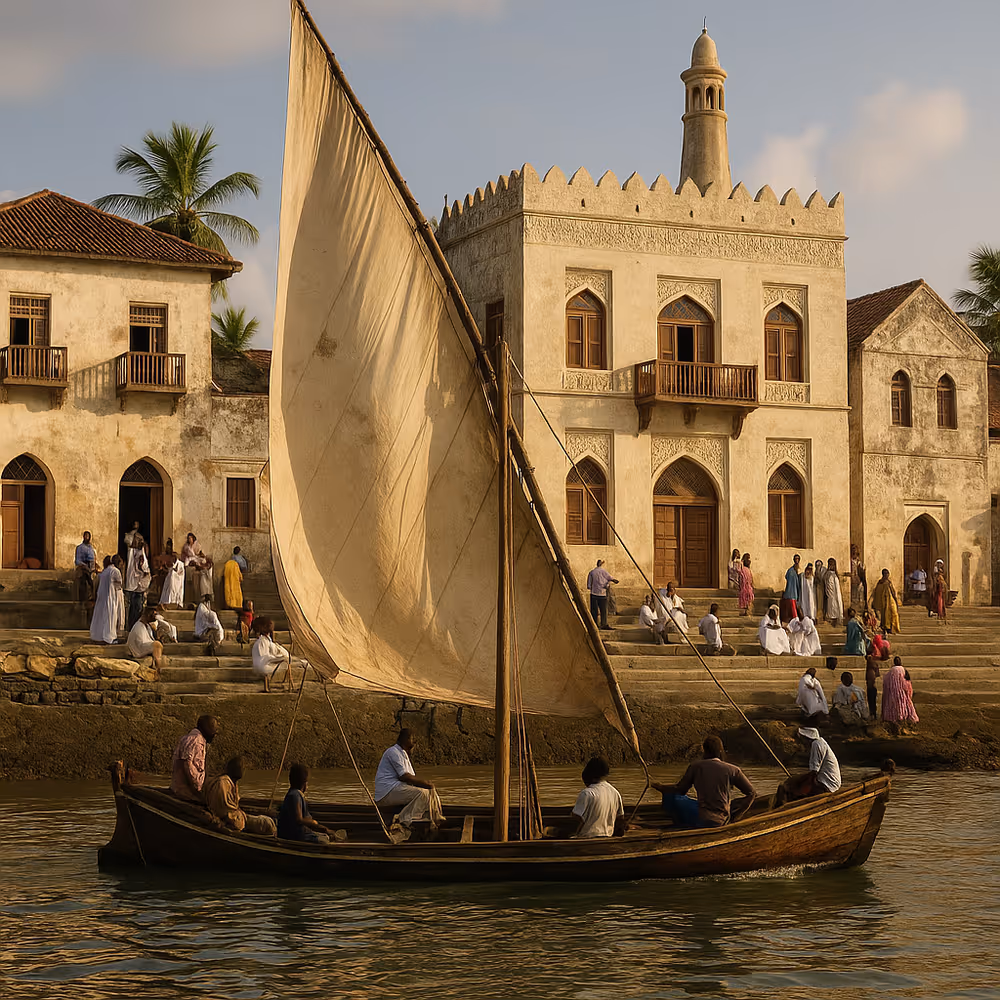An East African coastal port city at dusk with a traditional wooden dhow under a beige lateen sail gliding over calm water.
