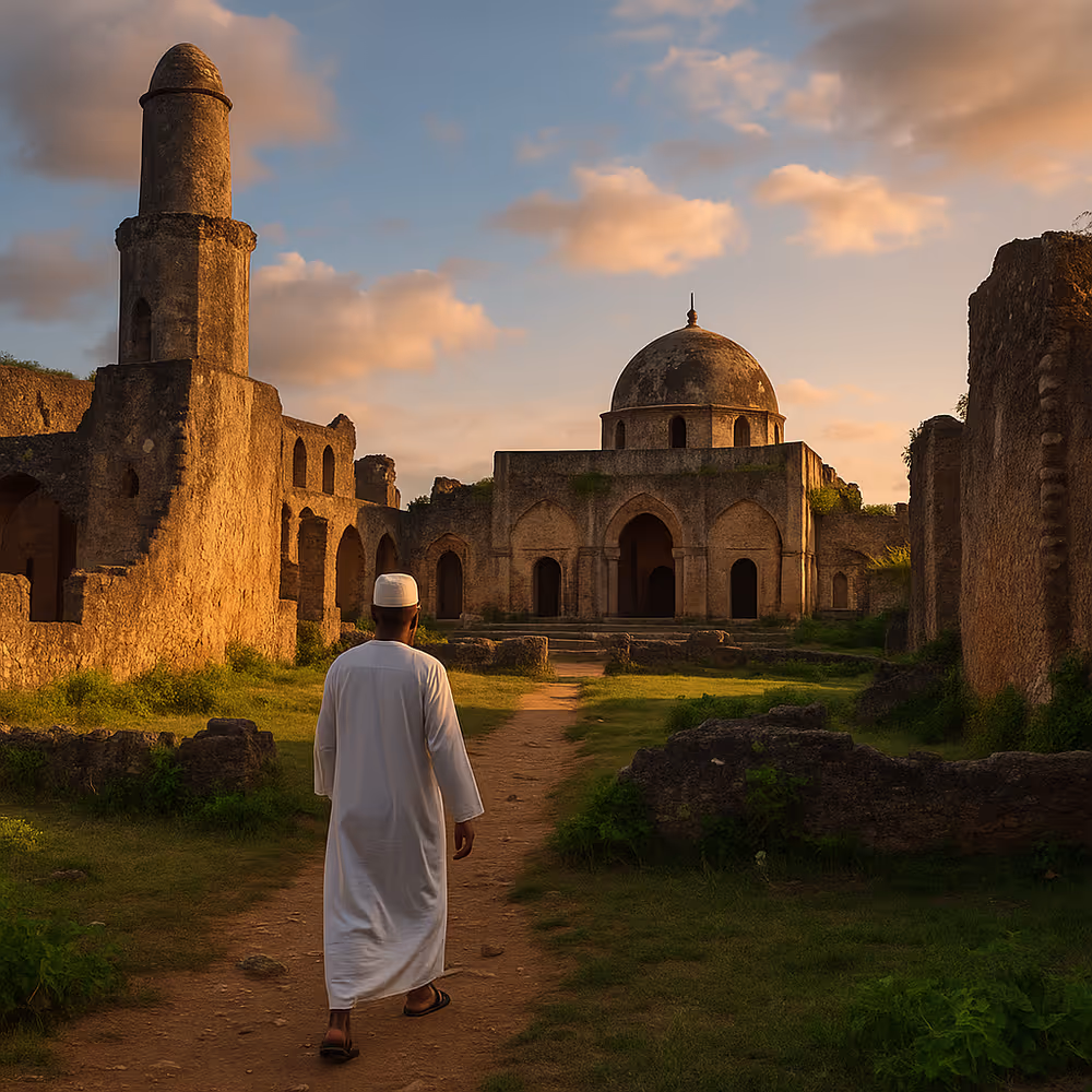Ruins of coral-stone mosques and palaces at Kilwa Kisiwani; a man in white walks toward a domed mosque and minaret.