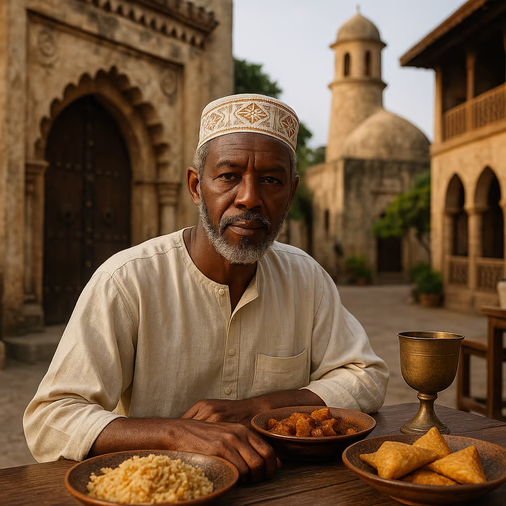 Elderly Swahili man in white cap and tunic seated by dishes of pilau and snacks, illustrating culinary legacies of oceanic exchange.