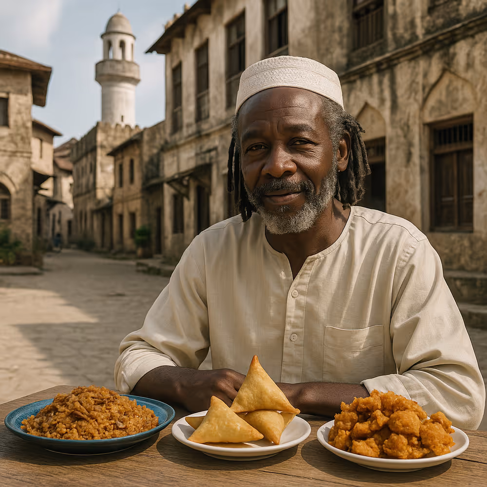 An elderly African man in a kufi and cream tunic seated in a historic Swahili town, symbolizing cultural continuity.