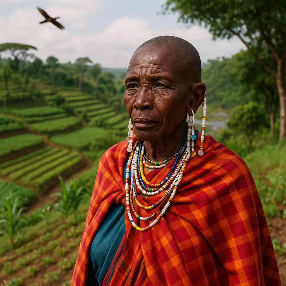 An aged female Maasai elder observing sky and bird migration as part of indigenous weather forecasting, with agroforestry landscape in the background.