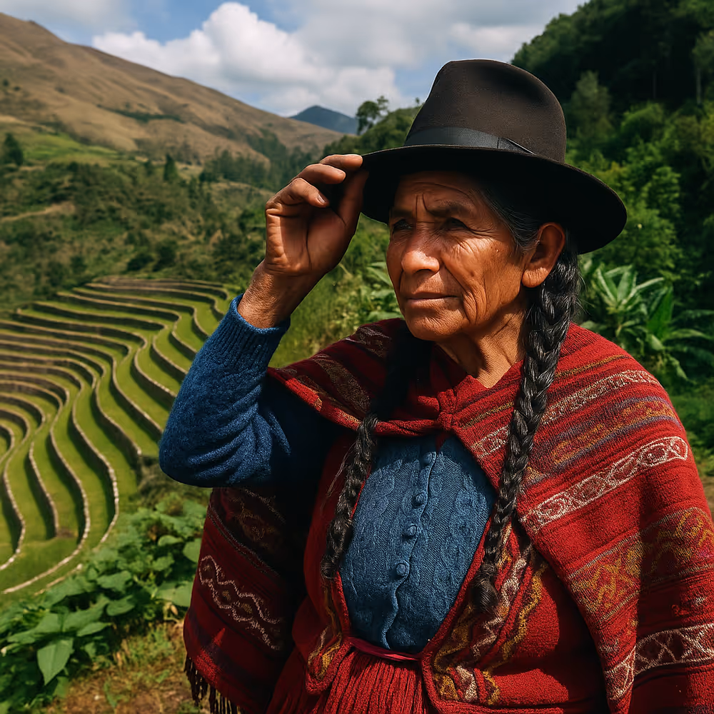 An older Indigenous Andean farmer standing by terraced mountain fields, representing the Ayllu system of collective governance.