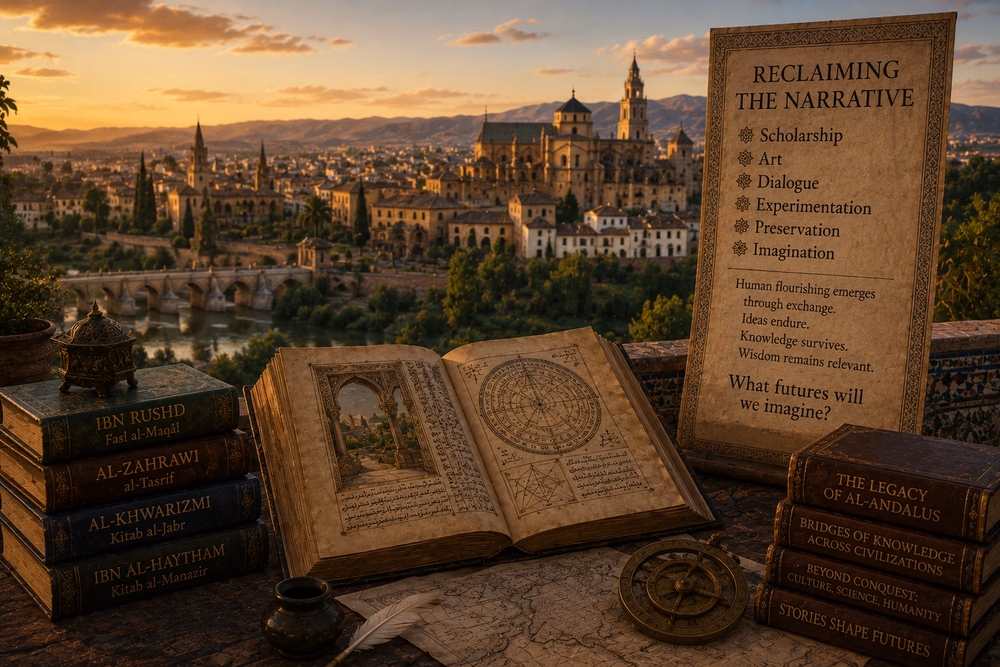 Ancient manuscripts overlook sunset-lit Al-Andalus, symbolizing enduring knowledge, exchange, and cultural legacy.