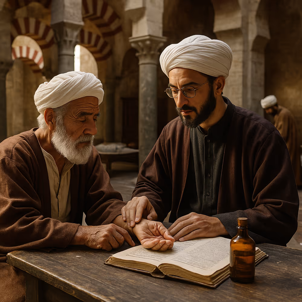 Reimagined Islamic medical center in 10th-century Al-Andalus with physicians and pharmacists practicing care.