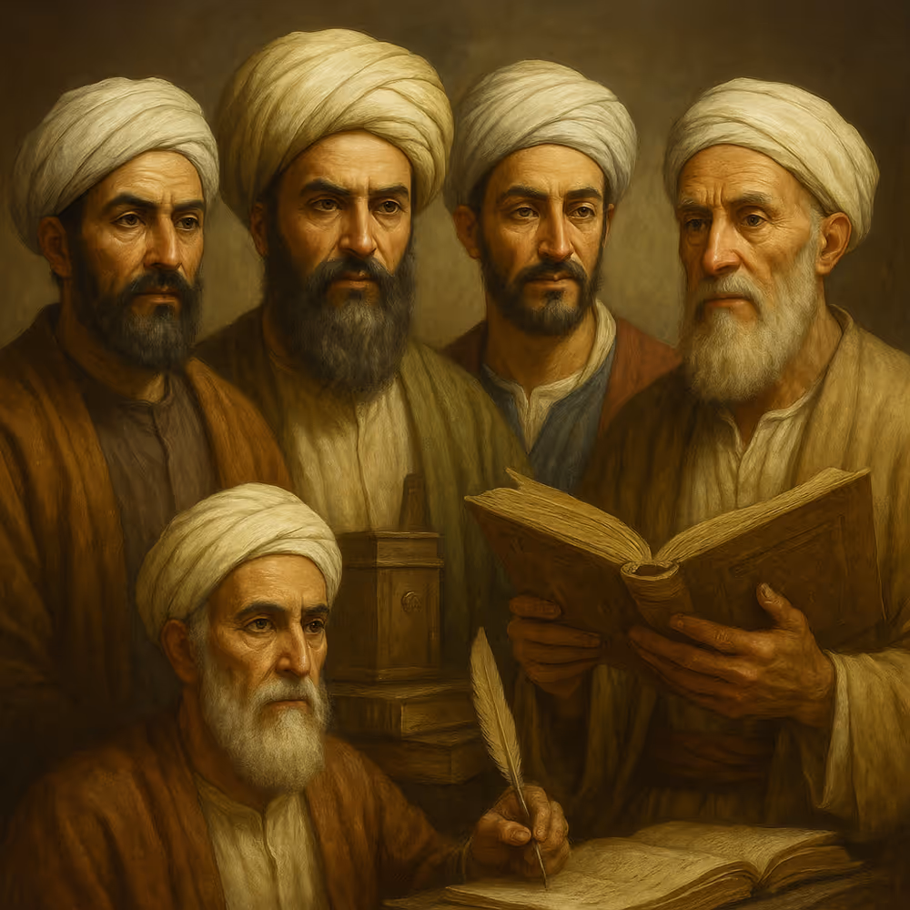 Digital painting of Muslim scholars in richly detailed Andalusian robes surrounded by manuscripts, symbolizing Islamic Spain’s Golden Age of Science.