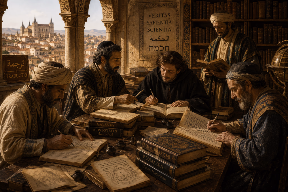Scholars in Toledo collaborate on translating Arabic, Hebrew, and Latin texts, preserving knowledge across cultures.