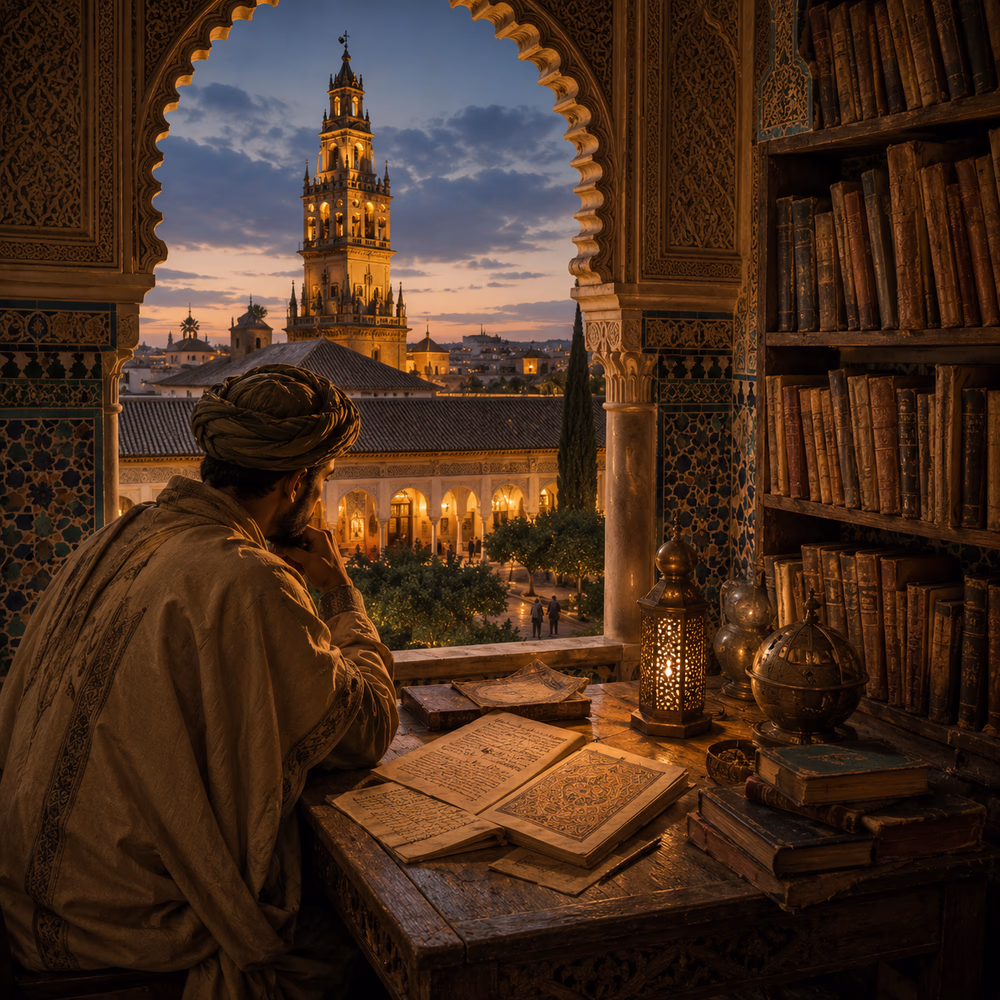 Scholar studies manuscripts in a Córdoba library, reflecting on knowledge, curiosity, and cultural exchange in Al-Andalus.