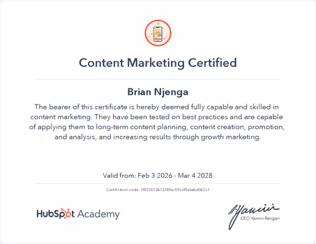 HubSpot Content Marketing Certification badge awarded to Brian Njenga of JBN Content Consultancy.