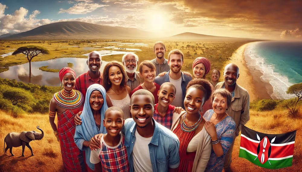 Diverse Kenyan locals smiling together, celebrating Magical Kenya’s culture.