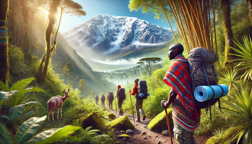 Trekkers ascending Mount Kenya with alpine scenery on the Sirimon route.