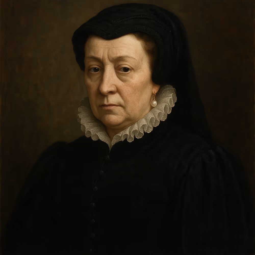 Ultra-realistic oil portrait of Catherine de Medici, Queen of France, in somber black Renaissance mourning attire with a lace ruff and pearl earring, exuding authority and intrigue against a dark, textured background.