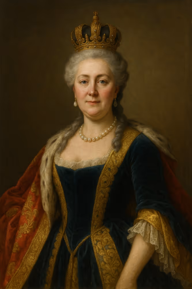 Ultra-realisticoil portrait of Catherine the Great, Empress of Russia, in a regal 18th-century gown with a fur-trimmed robe, jeweled crown, and pearl jewelry, exuding authority and refinement against a warm, textured backdrop.