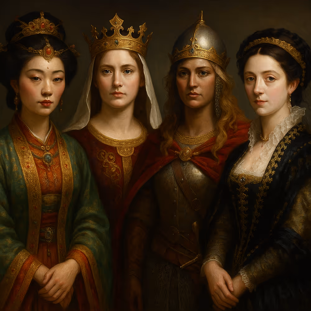 A digital oil painting of five powerful historical women leaders from diverse cultures, arranged in a dramatic composition against a regal backdrop. The montage includes richly detailed, period-accurate costumes and adornments: a Chinese empress in intricate silk robes, a European monarch in velvet and lace, and a Middle Eastern sultana adorned with gold filigree and gemstones.