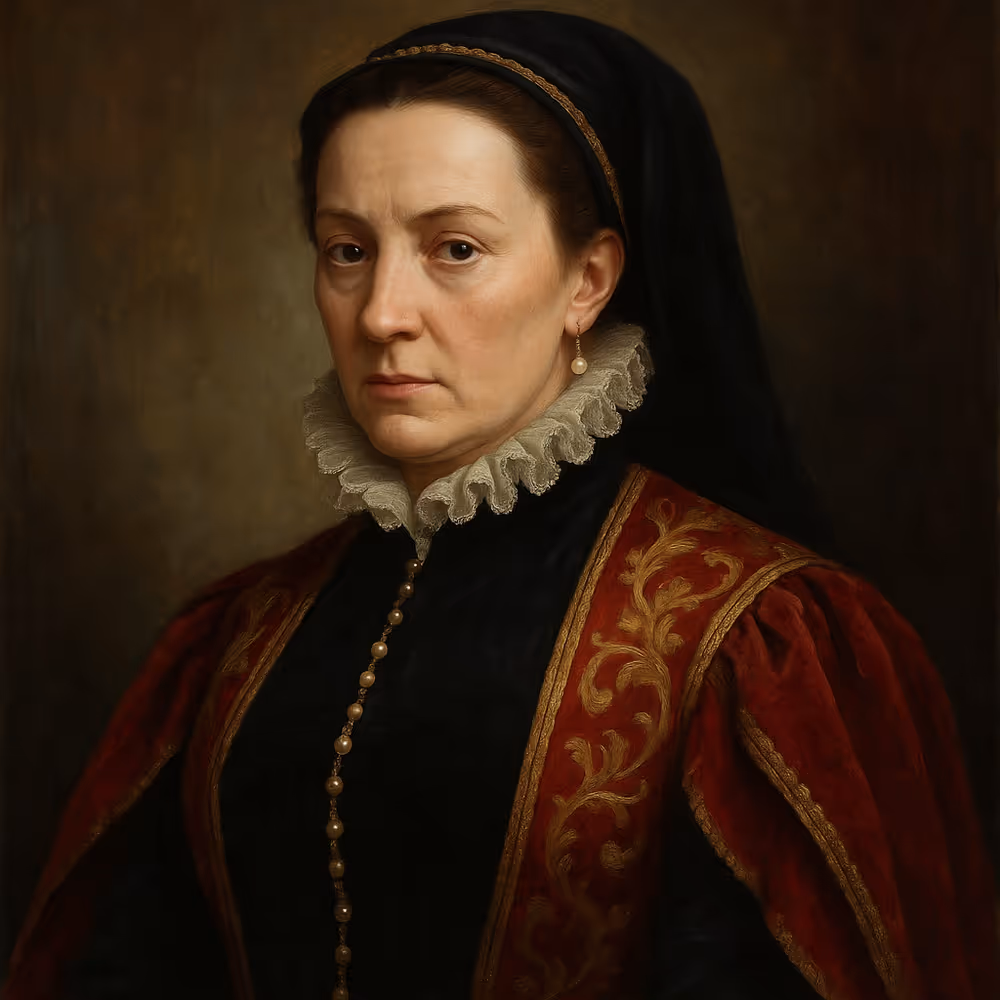 Ultra-realistic Renaissance-style oil portrait of Jeanne d’Albret, Queen of Navarre, in elaborate 16th-century attire with a pearl earring, dark velvet gown, and red embroidered cloak, exuding regal defiance and Protestant symbolism against a warm, textured backdrop.