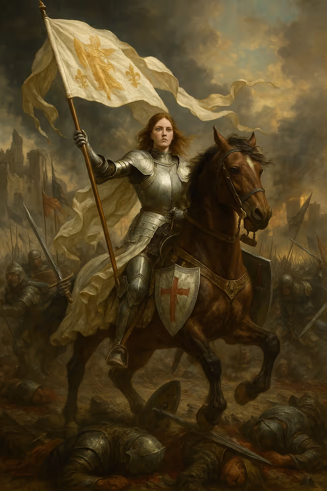 Hyper-realistic oil painting of Joan of Arc in her iconic white suit of armor, riding a rearing war horse on a medieval battlefield. She raises a flowing battle standard with one hand and grips a sword and shield in the other, surrounded by chaos and carnage. The scene highlights her fierce leadership, divine conviction, and enduring legacy as France’s warrior saint and martyr.