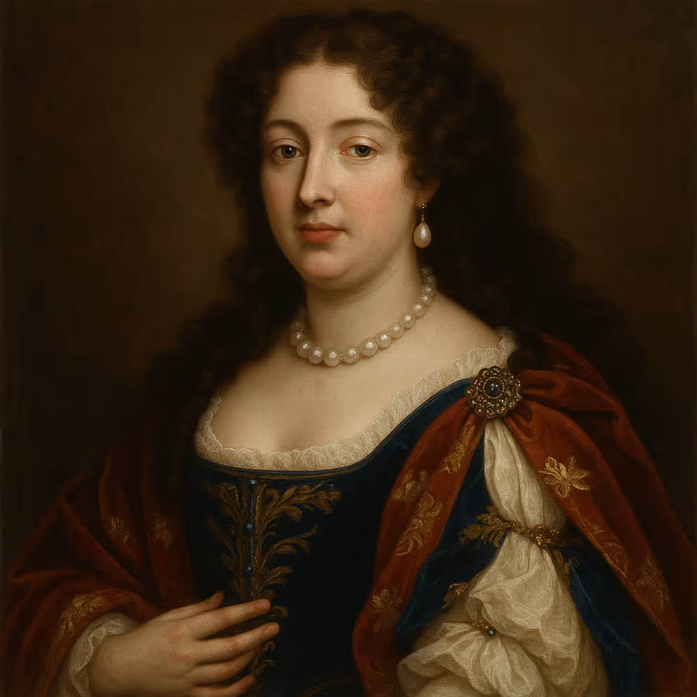 Ultra-realistic Baroque portrait of Madame de Montespan in 17th-century Versailles court attire, featuring a blue velvet gown with gold embroidery, pearls, and a red cloak, exuding power, elegance, and intrigue.